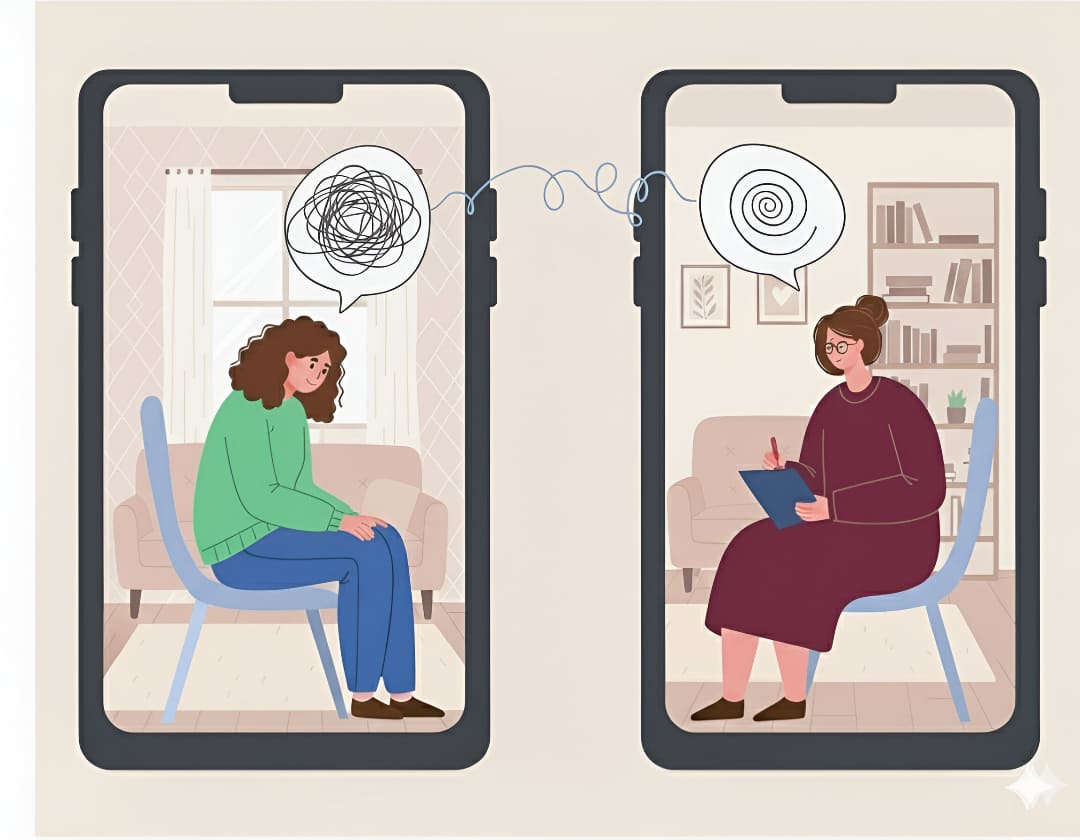 Mulher realizando terapia online com a psicóloga Cintia Gomes.