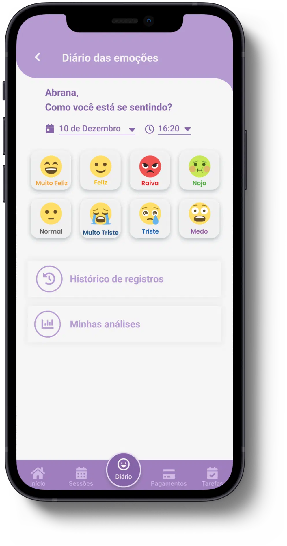 Tela do aplicativo PsicoManager para acompanhamento terapêutico.
